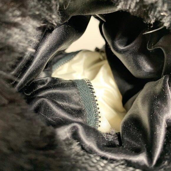 Black Faux Fur Hand Warmer Muff Satin Lining Wrist Strap For Winter Zip Pocket - Picture 4 of 5